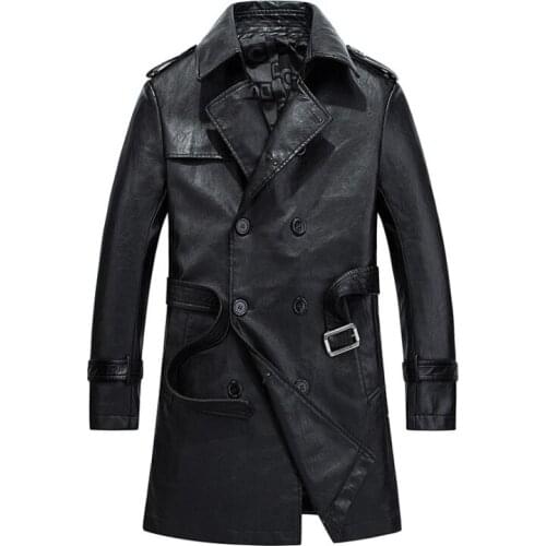 Mens autumn business leather casual PU leather windbreaker long suit collar thin section leather jacket and coats