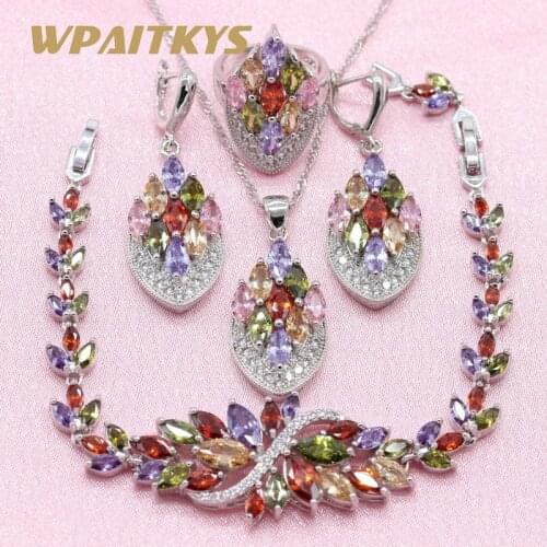 Exquisite MultiColor Cubic Zirconia Silver Color Jewelry Sets For Women Earrings Necklace Pendant Ring Bracelet Free Gift Boxs