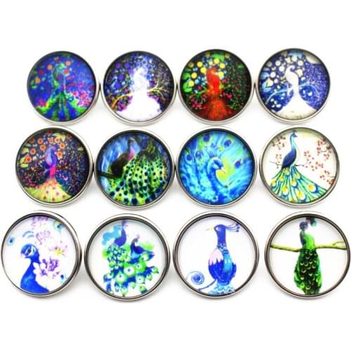 Newest 10pcs/lot Peacock bordure Snap Button Glass Snap Buttons Fit bangle 18mm/20mm DIY Snap Bracelet Jewelry