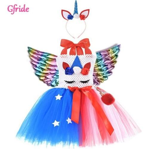 Girls Rainbow Unicorn Costumes Kids Tutu Tulle Dress With Headband Wings New Years Cosplay Festival Party Cartoon Clothing 2-10T