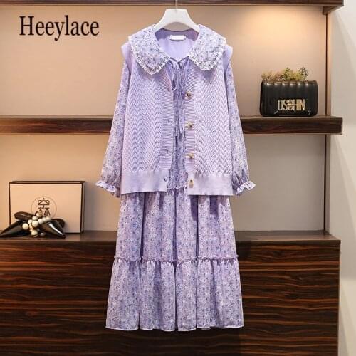 Plus Size Women Sweet Korean 2 Pieces Set Autumn Winter Warm Knitted Vest Sweater Long Sleeve print Mini Dress Suit Dress Set