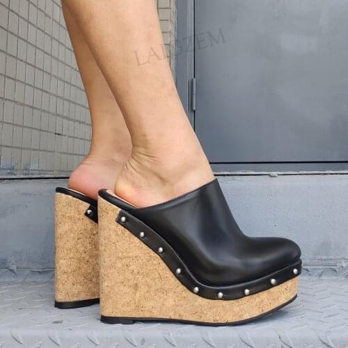 LAIGZEM Women Platform Wedges Cork Print Slip On Pumps Faux Leather Height Increase Handmade Shoes Woman Big Size 41 46 50 52