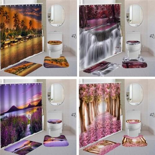 Waterproof Bathroom Shower Curtain Bath Curtain Sets Toilet Cover Non-Slip Mat Rug Carpet Set Home Decor Accessories