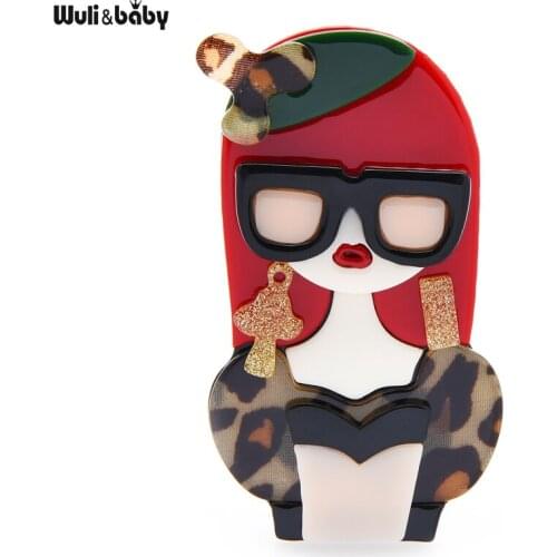 Wuli&baby 2021 Acrylic Modern Girl Figure Brooches For Women Designer Wear Big Earrings Glasses Lady Party Office Brooch Pins