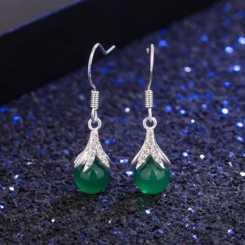 2020 925 Sterling Silver Drop Earrings For Women 8mm Natural Red Green Agate Jade Earring Vintage Ethnic Party Jewelry Eardrop