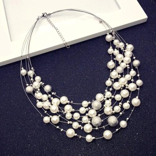 Fashion Multi Multilayer Brief Paragraph Female Necklace Imitation Pearl Crystal Beads Handmade Cross Chain Women Necklaces
