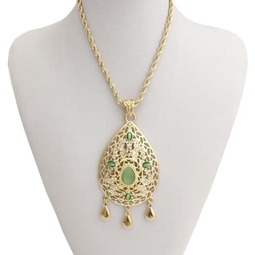 Big Size Golden Custom Necklace Water Drop Women Pendent Necklace Morocco Style Green Crescendo Rhinestone Jewelry Pendent