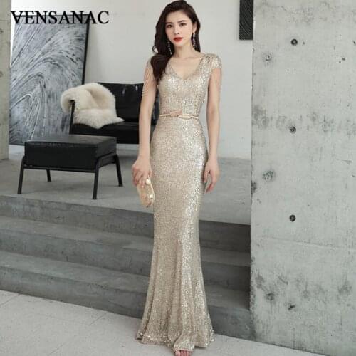 VENSANAC Sequined V Neck Mermaid Long Evening Dresses Crystal Short Cap Sleeve Sash Party Prom Gowns