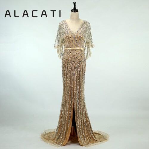 ALacati golden evening dress female 2019 new fishtail noble event banquet host handmade beaded luxury prom evening dress
