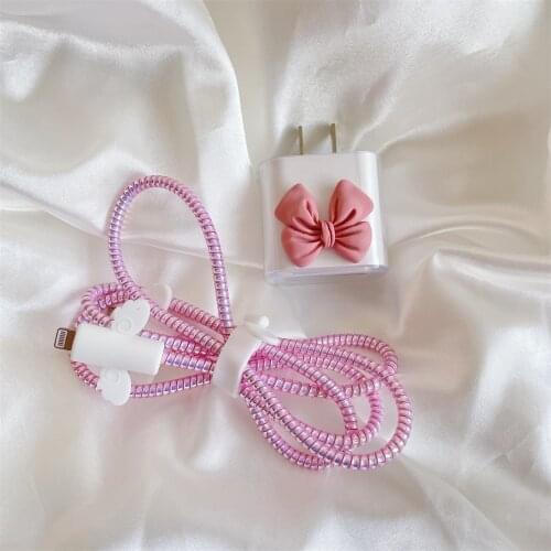 5 in 1 Cute 3D Bowknot Data Cable Protective Case Charger Head Anti-folding Idea Suitable for Apple 18W 20W Storage Rope Winder