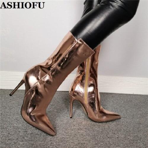 ASHIOFU New Style Real Photos Ladies High Heel Boots Shiny PU Leather Party Ankle Boots Pointed-toe Plus Evening Fashion Boots