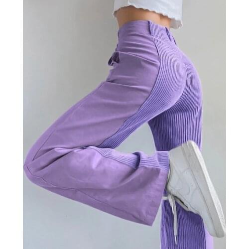 Womens Harajuku Straight Leg Pant Loose Color Matching Casual Pants Solid Color Corduroy Pants Female High Waist Fashion Pants
