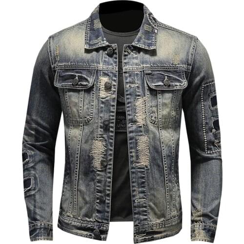 Lapel collar denim jacket broken patch mens denim jacket motorcycle denim jacket casual jacket