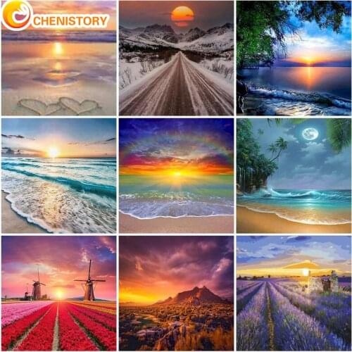 CHENISTORY 5D DIY Diamond Painting Full Square Drill Mosaic Cross Stitch Sunset Seascape Embroidery Home Decor Accessories Craft