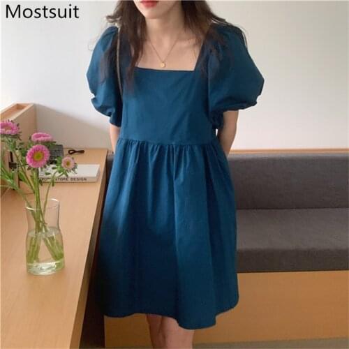 Summer Korean Puff Sleeve Mini Dress Women Square Collar High Waist A-line Dresses Vintage Elegant Ladies Vestidos Femme 2021