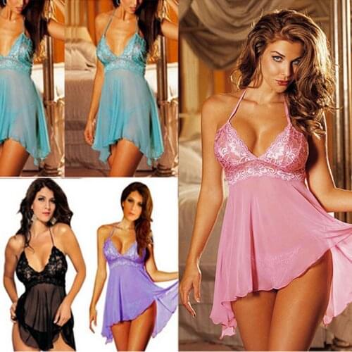 Halter mini dress g-strings Hot Sexy Bra Sling Backless Lace Slim Transparent gowns underwear gauze night dress lover games