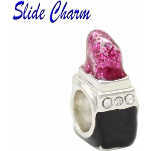 Fashion jewelry DIY charm European and American style purple pink lipstick women charm beads Fit Pandora Bracelet Necklace