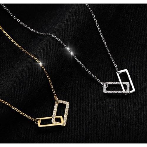 New Silver Color Shiny Rectangle Double Zircon Circle CZ Zirconia Necklaces Pendants Gift For Girl Choker