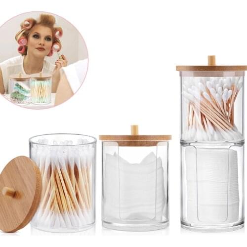 Makeup Organizer Cotton Swabs Qtip Container,Cosmetic Makeup Cotton Pad Organizer Bathroom Jewelry Storage Box with Bamboo Lids