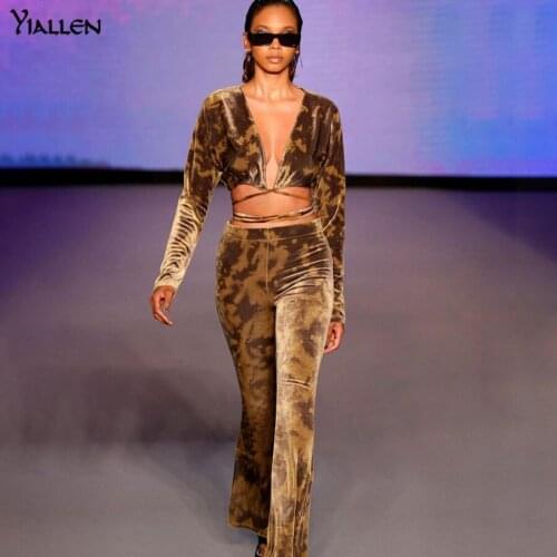 Yiallen Autumn New Casual Women Two Piece Sets Sexy Low Chest Lace Up Crop Tops+Pants Flannel Party Clubwear Matching Outfits