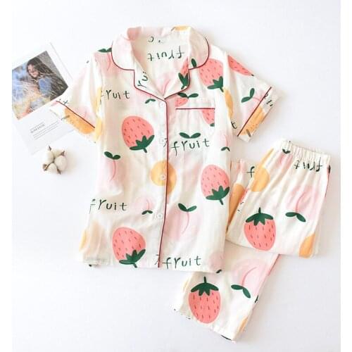 Pyjamas Women 100% Cotton Short Sleeves Trousers Ladies Pajama Sets Cute Cartoon Print Simple Sleepwear Casual Home Wear Pijamas