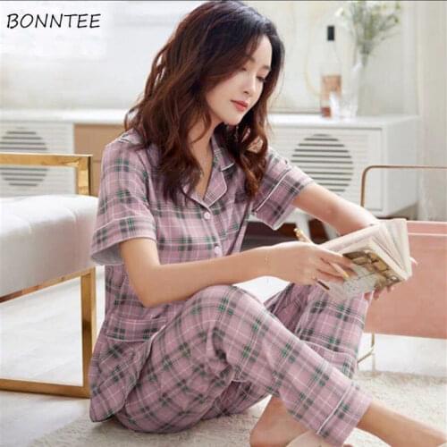 Pajama Sets Women Oversize 4XL Simple Plaid Pregnant Lady Homewear Spring Trendy Korean Pocket Soft Button Chic Womens Sleepwear