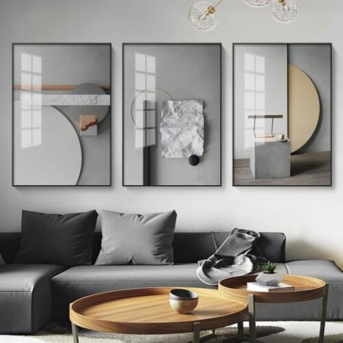 Simple modern Nordic interior architectural space living room light luxury triptych decorative picture canvas printing