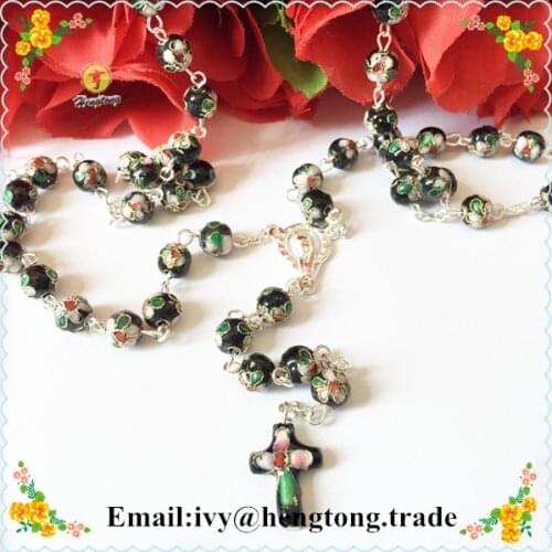 Factory direct selling free shipping 8mm red cloisonne beads rosary necklace, enamel beads religious rosary with cloisonne cross