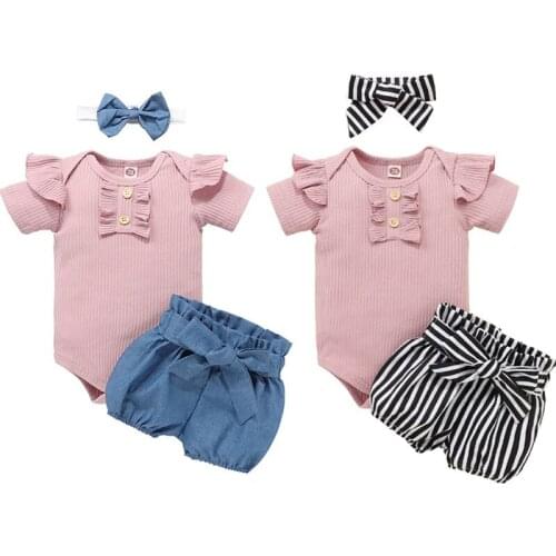 Pudcoco 0-24 Months Newborn Baby Girls Toddler Kids Ruffles Button O-Neck Bodysuit Top+Bow Stripe Shorts Pants+Headwear 3Pcs Set