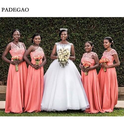 Pink Long Lace Bridesmaids Dresses Sleeveless Customized Chiffon Mismatched Prom Bridesmaids Dress Custom Made