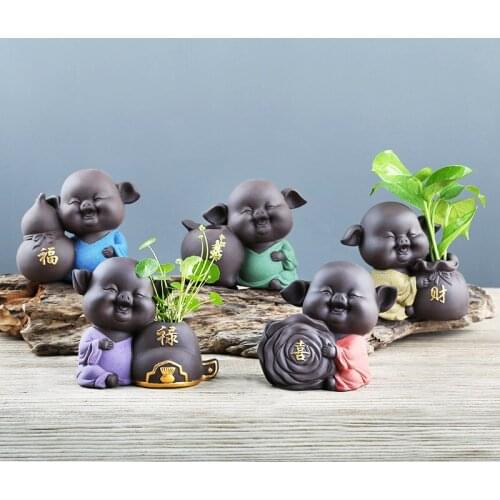 Handmade Chinese Lucky Fortune Pig Five Blessings Pig Home Desktop Ornament Figurine Tea Pet Little Vase Water Planting