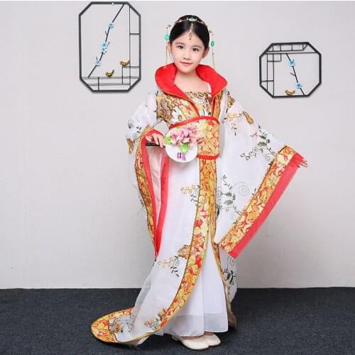 Traditional Folk Ancient Costume Tang Dynasty Court Drag Tail Dance Dress Children Princess Dress Fairy Costume Hanfu for Girls