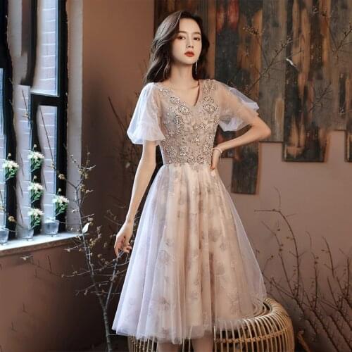 Evening Dress V-Neck Appliques Elegant A-Line Short Sleeves Pleat Tea-Length Zipper Back Tulle Woman Formal Party Gowns A1430