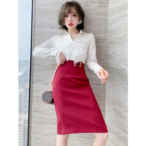 High waist versatile slim buttocks straight tube exquisite pearl button one step a half skirt womens Spring new Top Quality