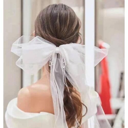 White Pearls Hair Clip Big Bowknot Women Barrette Beaded Bridal Headwears for Bridal Elegant Handmade Wedding Hair Accessories