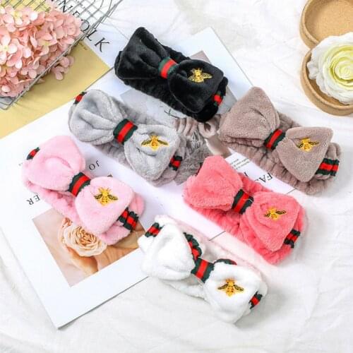 2021 Women Hair Accessories Embroidery Bee Print Coral Fleece Wash Face Bow Hairbands For Girls Elastic Soft Turban Headbands