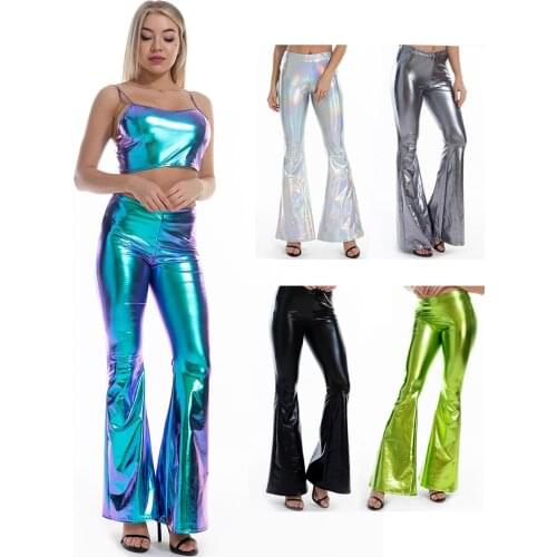 Pole dance rave clothes holographic clothes women bras metallic flared pants rave costumes hip hop sexy night club bellbottoms