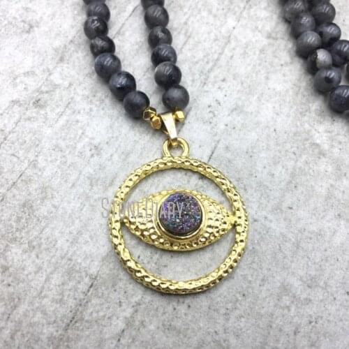 5Pcs Evil Eye Gold Electroplated Irregular Surface Round Shape Necklace Black Labradorite Necklace Clearance 32inch NM4846