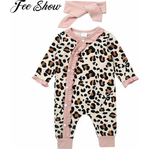 0-24M Infant Baby Girl Autumn Cotton Leopard Ruffle Romper Flare Sleeve Jumpsuit One Piece Newborn Bodysuit+Headband 2pcs Outfit