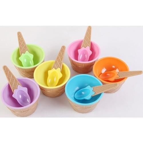 100sets Plastic Ice Cream Bowls with Spoons Kids Cute Durable Dessert Cup Ice cream Cup 6 Colors Random