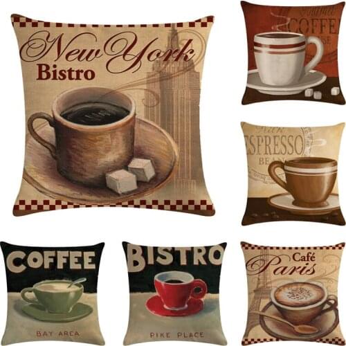 45*45cm Coffee Cup Pattern Cotton Linen Throw Pillow Cushion Cover Home Decoration Sofa Bed Decor Decorative Pillowcase