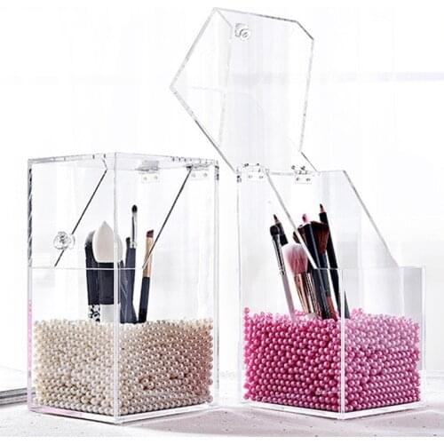 Acrylic Clear Transparent Makeup Brush Storage Box With Cover Plastic Makeup Organizer Cosmetic Tool Holder Rack Pearl