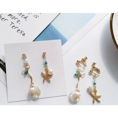 Asymmetric Summer Sea Imitation Pearls Natural Shell Starfish Long Clip Earrings Without Piercing for Women Girs