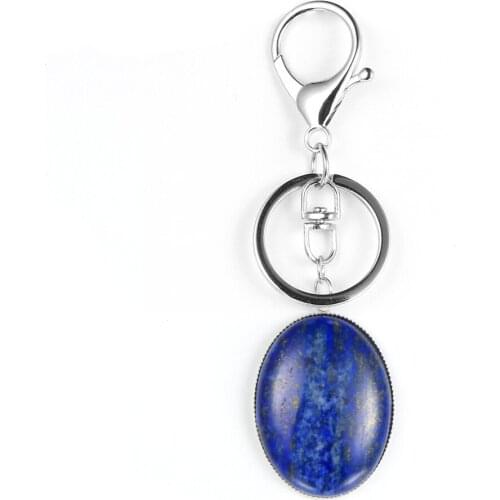 Big Oval Natural Stone Pendant Car keychain Fashion BOHO Lapis Lazuli Crystal Agate Key Chain Trinket Car bag Key Ring Jewelry