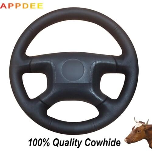 APPDEE Black Genuine Leather DIY Car Steering Wheel Cover for Mitsubishi Pajero 2004 2005 2006 2007 2008 2009 2010