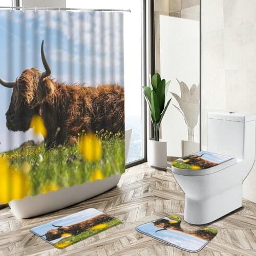 Cow Horse Sheep Chicken Animal Shower Curtain Farm Pastoral Scenery Home Decor Bath Mat Toilet Lid Cover Flannel Bathroom Carpet