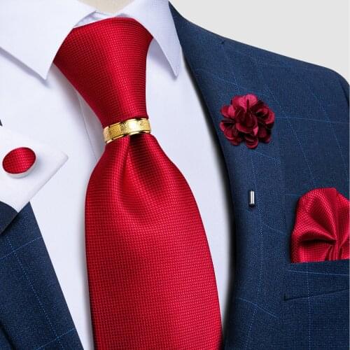 Red Solid Ties For Men 5PC Neck Tie Handkerchief Cufflinks Brooch Pin With Tie Ring Business Wedding Party Mens Tie Gift DiBanGu