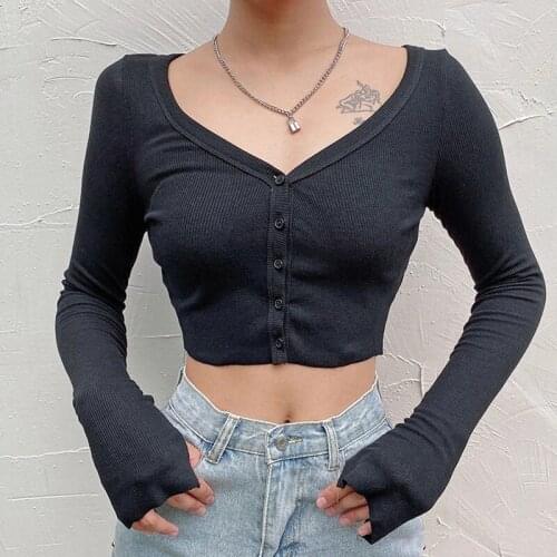 Women Long Sleeve Crop Tops Sexy Deep V Neck Basic Solid Black White Casual Tshirt Sexy Women Crop Tee Shirt Summer Autumn