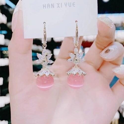 Round Pink Bead Pendant Rhinestone Delicate Womens Earrings 2021 trend Elegant jewelry Fashion Simple Bohemian party accessory