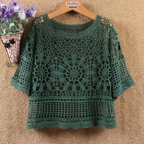Lace hollow crochet short womens spring/summer 2021 fashion new sweater loose blouse with western style casual all-match